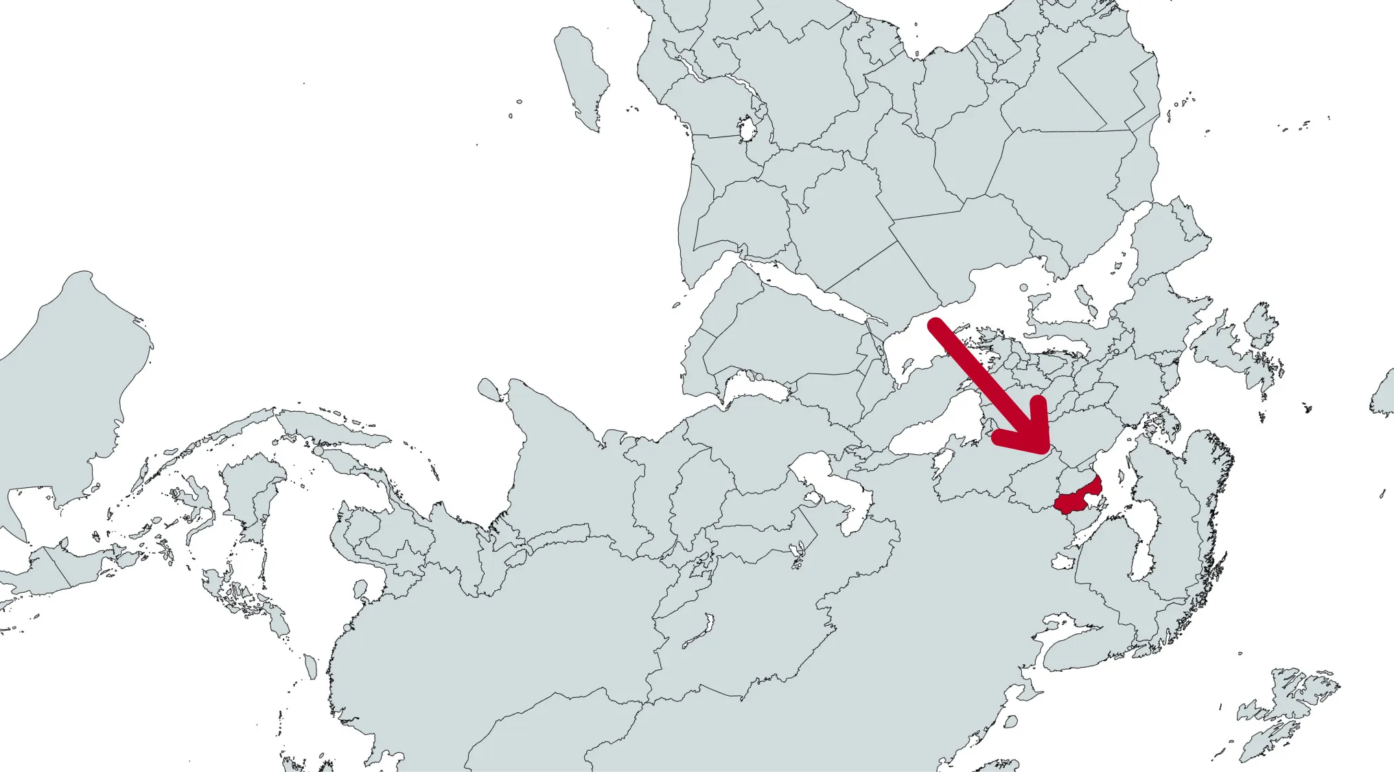 Map showing a geography challenge with one country highlighted in red and a red arrow pointing to it on a world map.