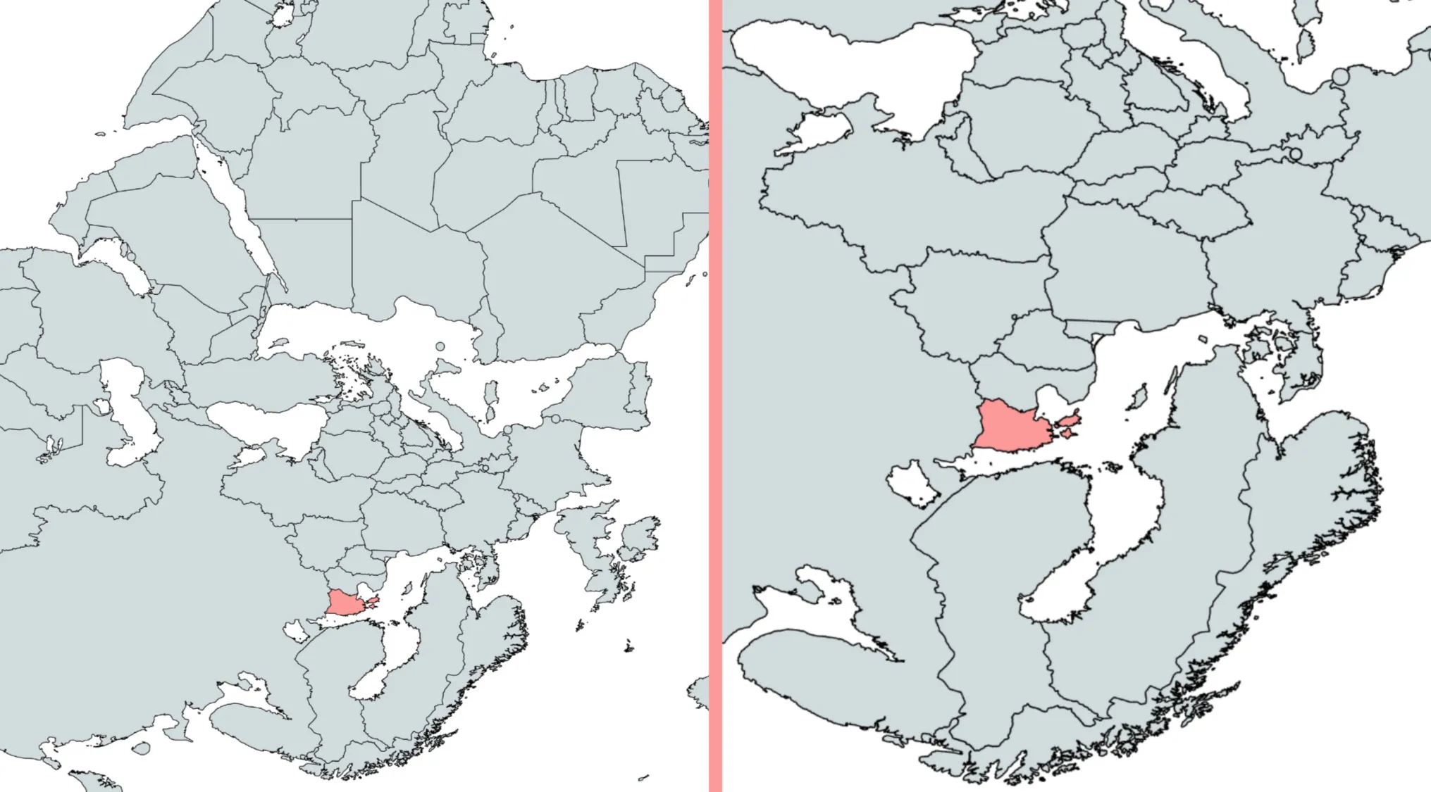 Rotated world maps showing a highlighted country in red for geography challenge to identify the country from its shape.