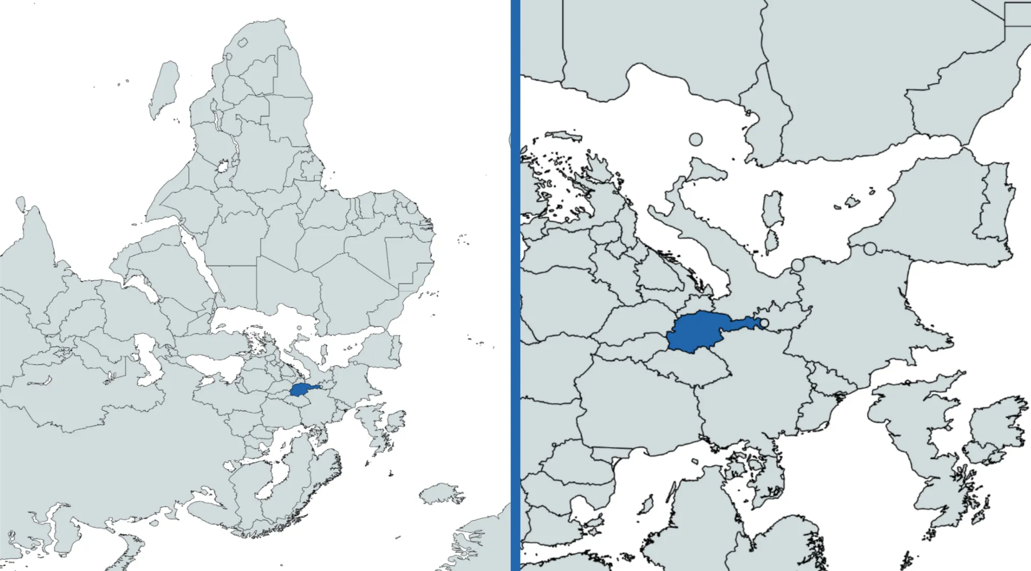 Upside-down world map and regular map, highlighting a country in blue for geography challenge guessing the country.