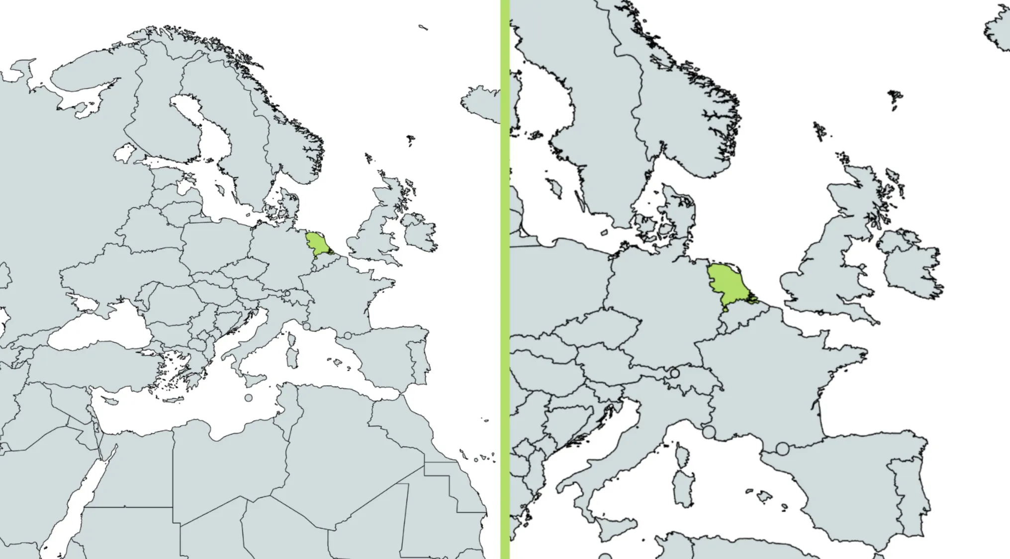 Mirrored map geography challenge showing a highlighted country in Europe to identify from reversed world maps.