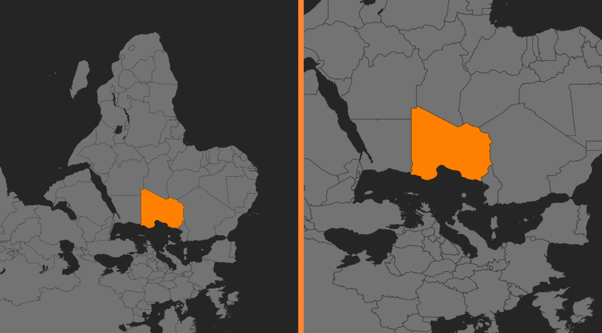 Two world maps with an inverted orientation, highlighting a single country in orange for the geography challenge.