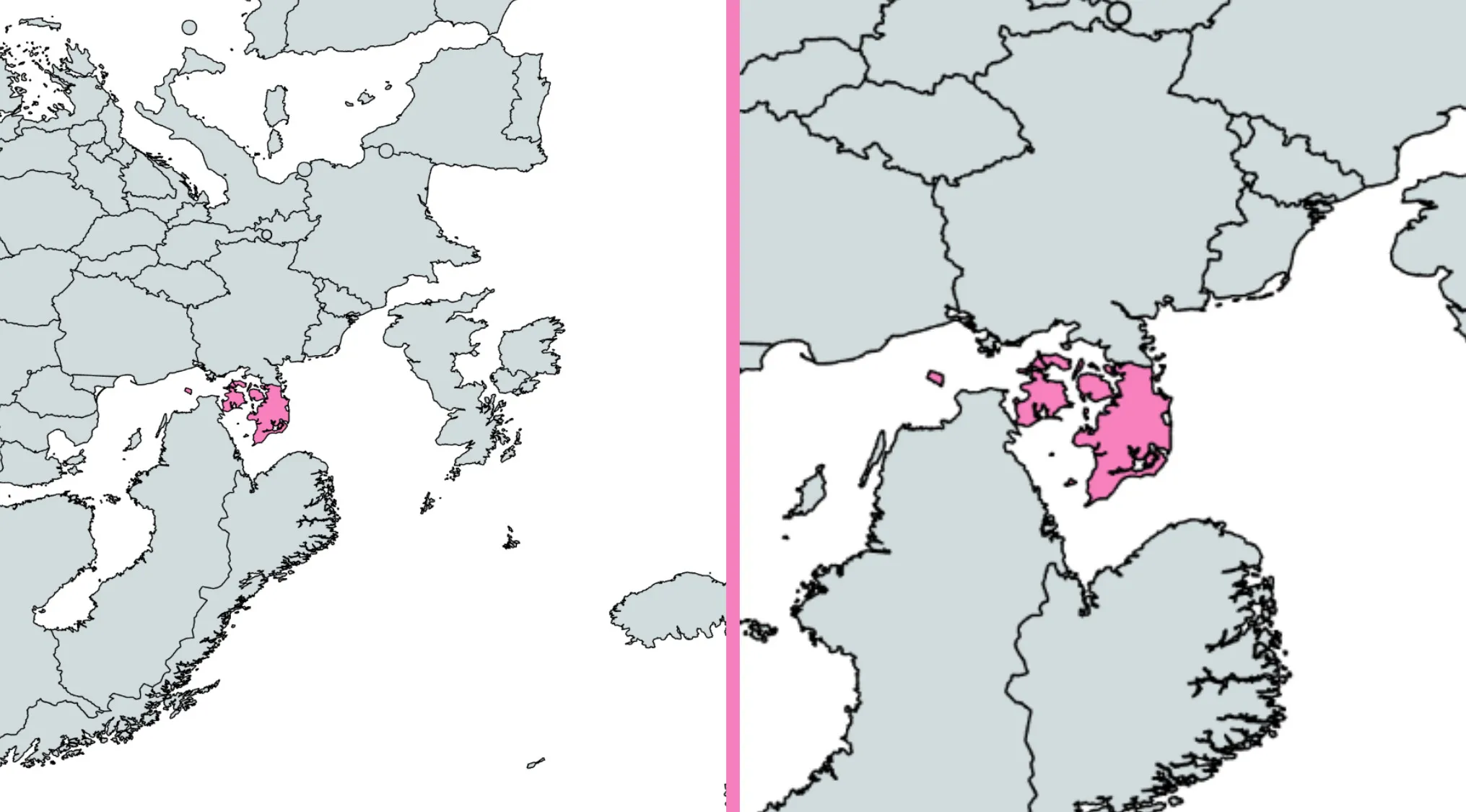 Two world maps highlighting a country in pink, part of a geography challenge to guess the country from crazy maps.
