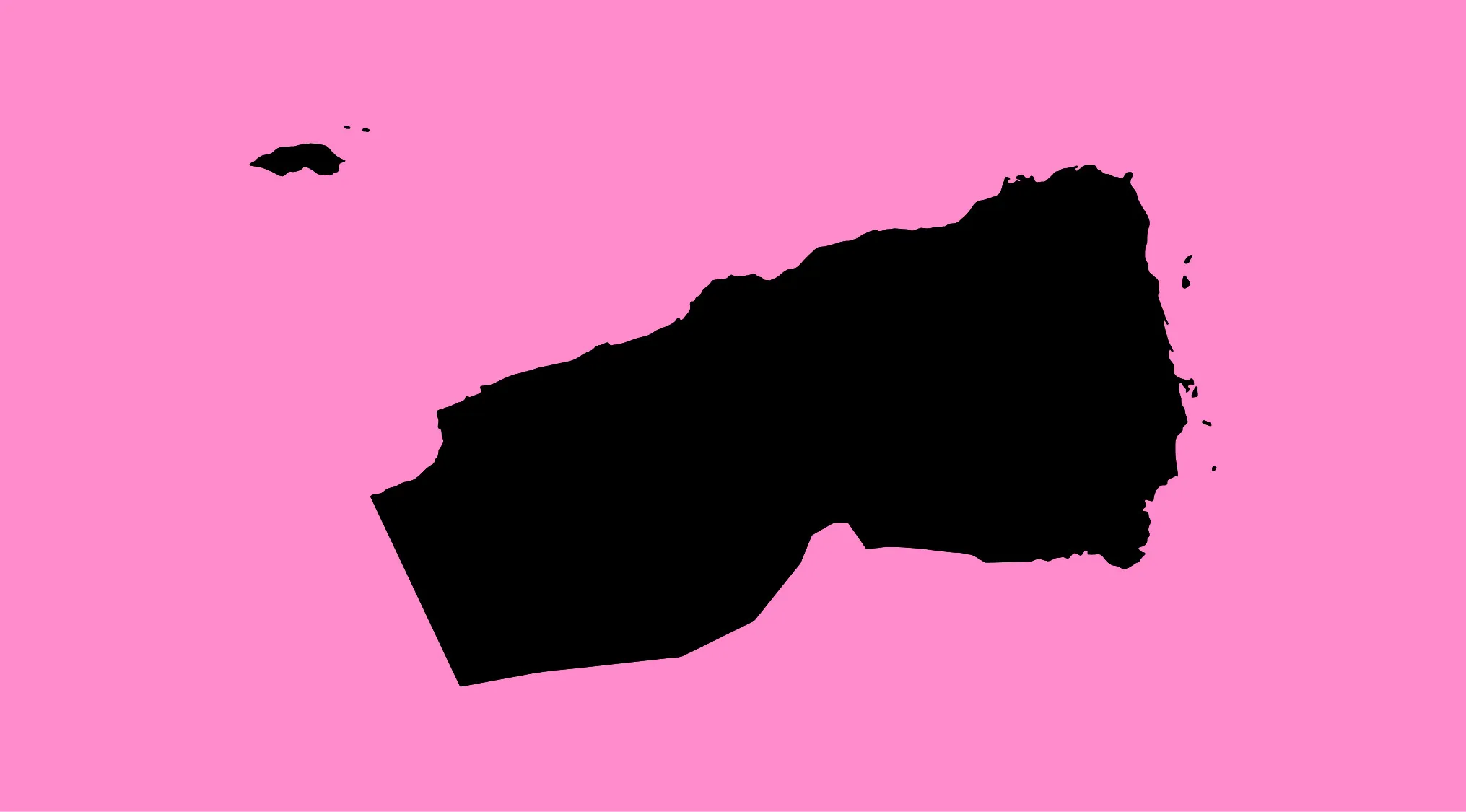 Black map outline of a country on a pink background for a geography challenge to guess the country from crazy world maps
