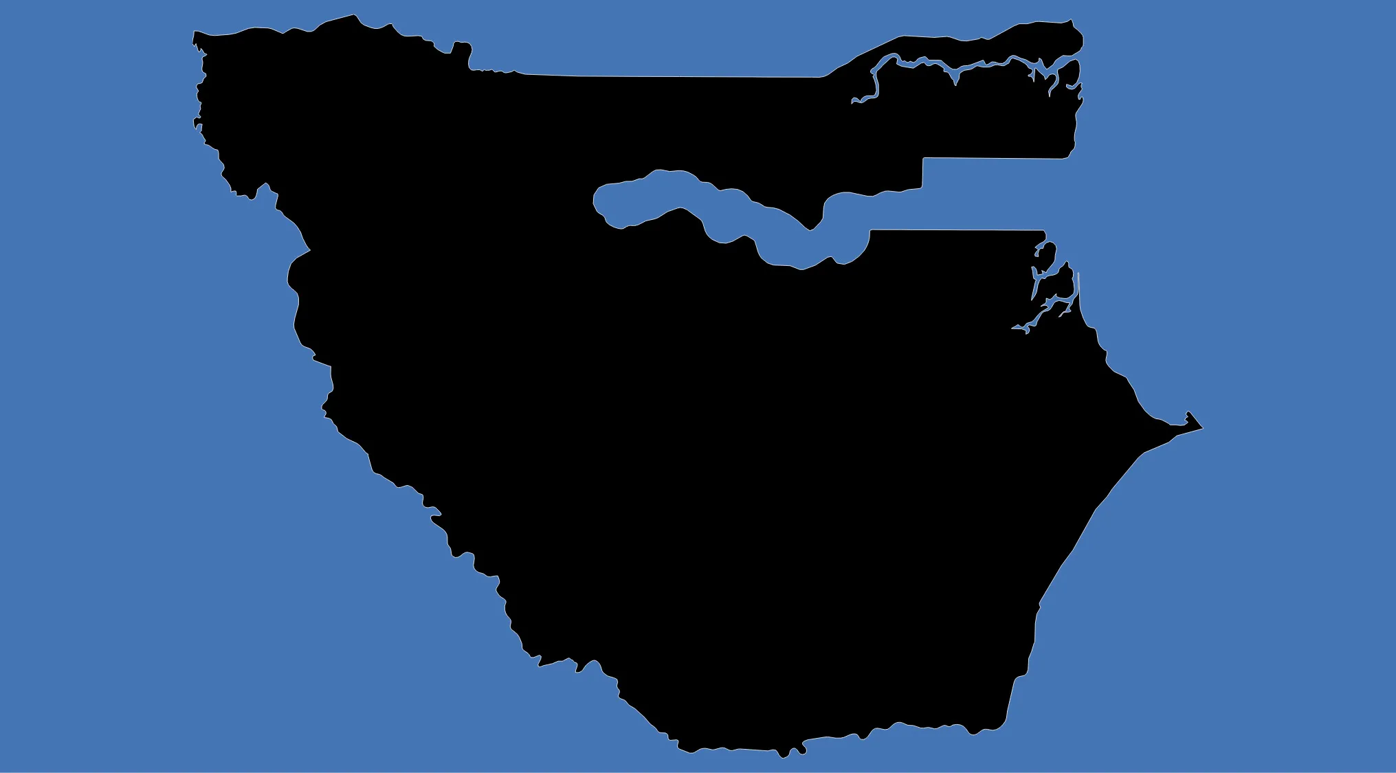 Upside-down map challenge showing a black silhouette of a country on a blue background for geography guessing game.