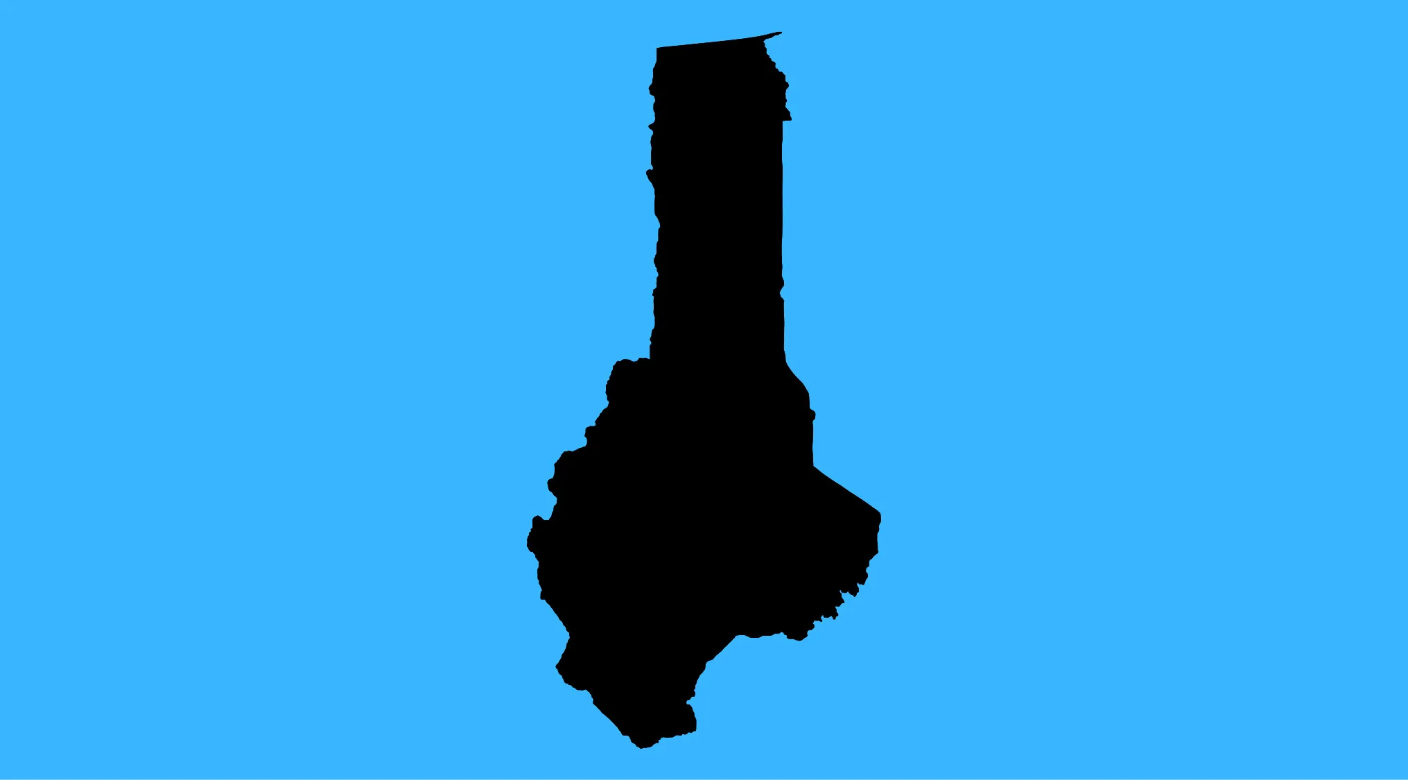 Upside-down black silhouette of a country map on a blue background for geography challenge guessing game.