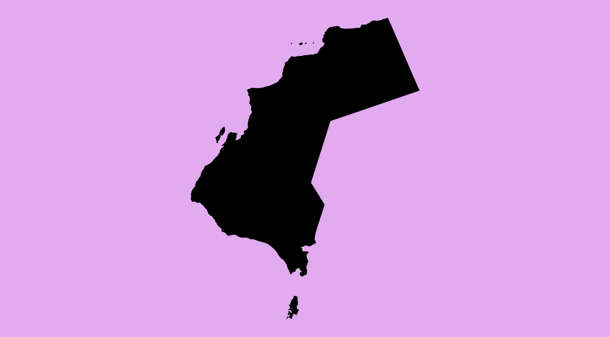 Silhouette of an upside-down country map in black on purple background for geography challenge guessing game.
