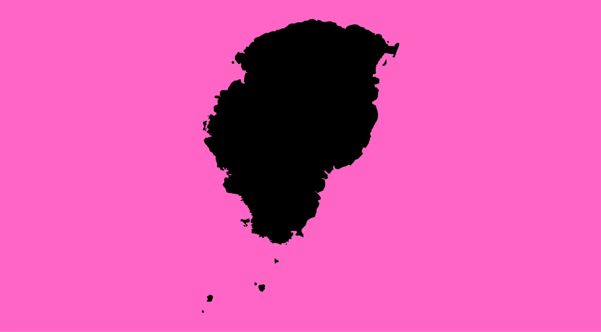 Black country map outline on pink background for geography challenge guessing the country from world maps quiz.