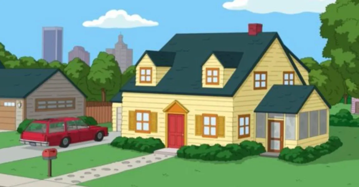 Animated suburban house in Quahog, the fictional city featured in the TV show Family Guy.