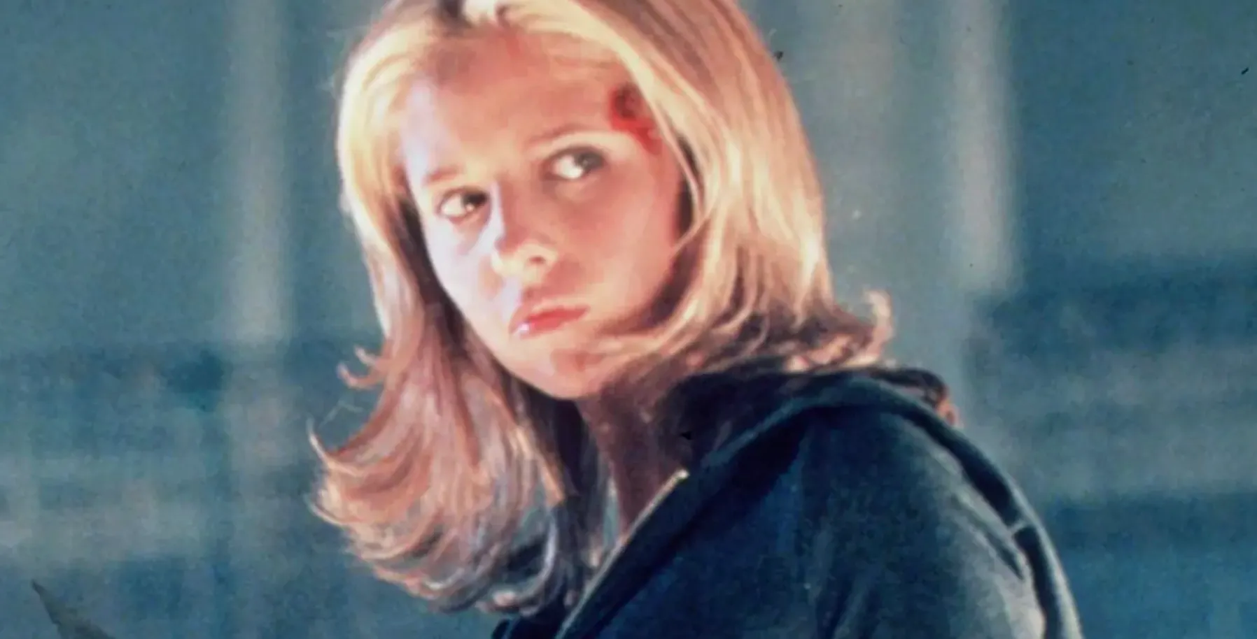 Buffy Summers looking serious in a dimly lit scene, related to characters studying at Nevermore Academy.