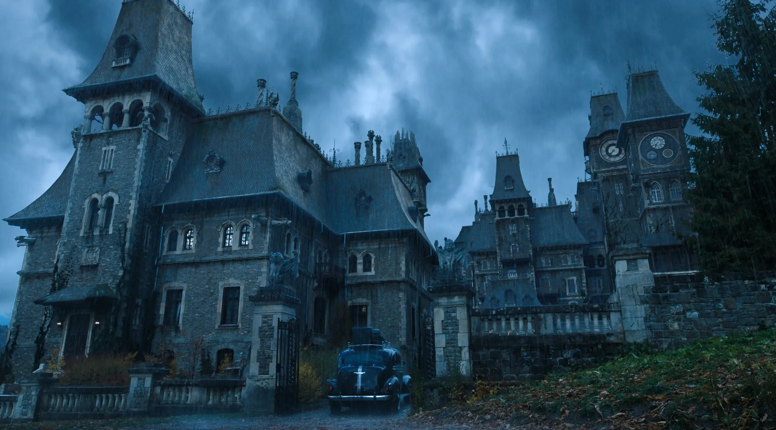 Gothic mansion at dusk representing fictional locations in TV shows including Nevermore Academy study setting.