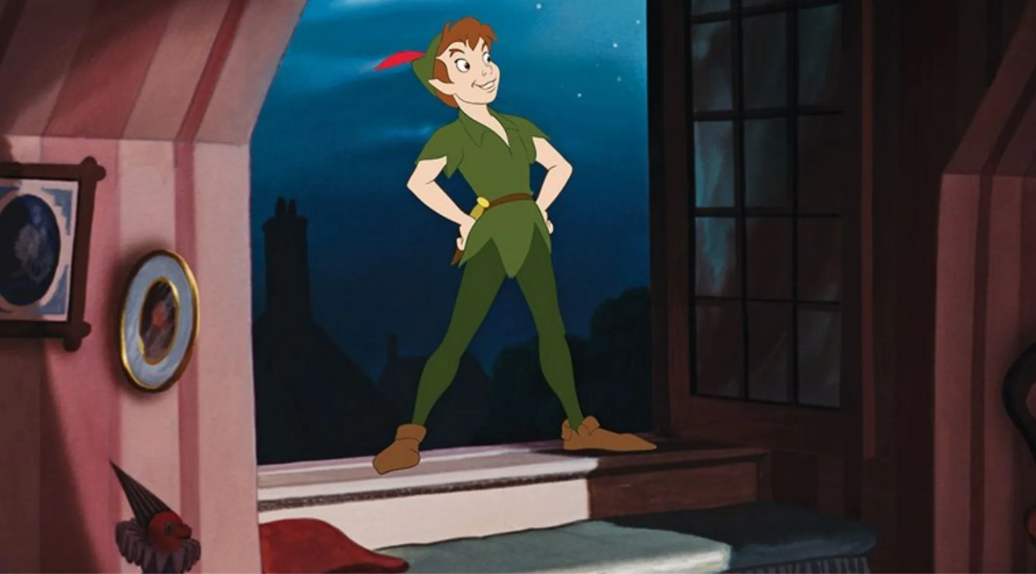Peter Pan standing confidently in a room at night, a classic Disney character from the movie Peter Pan.