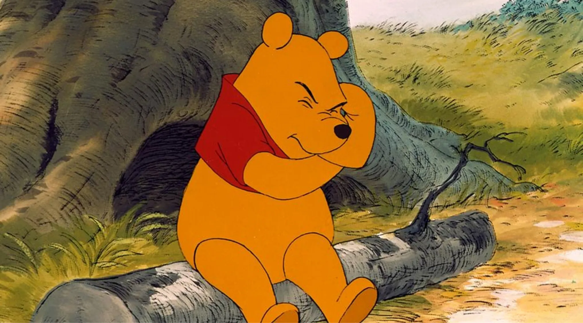 Disney character Winnie the Pooh sitting on a log near a tree, appearing to scratch his head in thought.