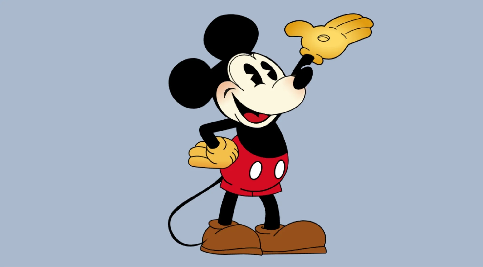 Mickey Mouse standing with one hand on hip and the other raised, showcasing classic Disney characters design.