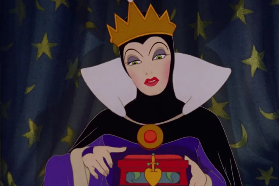 The Evil Queen in a dark cloak and crown, holding a red box with a starry night background.
