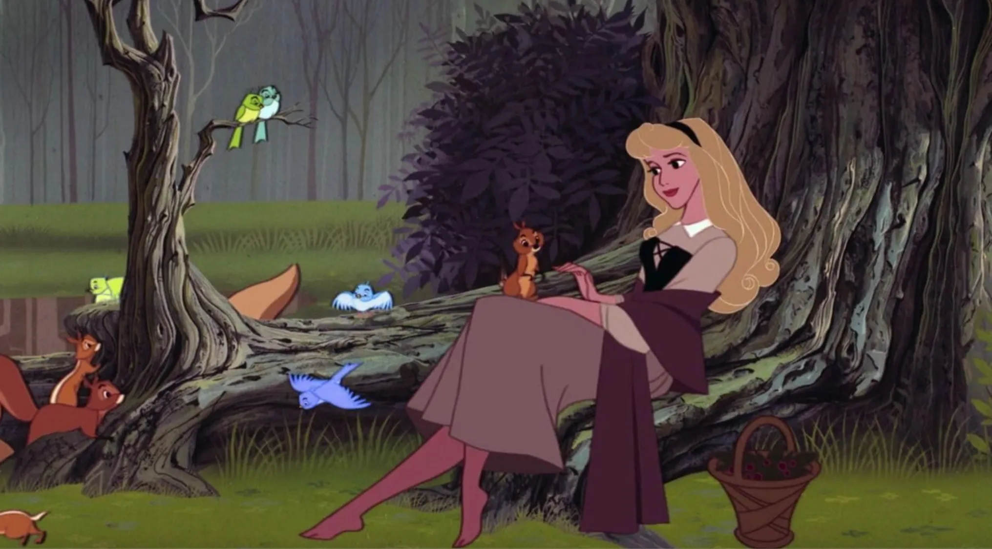 Aurora sitting on a tree with forest animals surrounding her in a Disney characters movie scene.