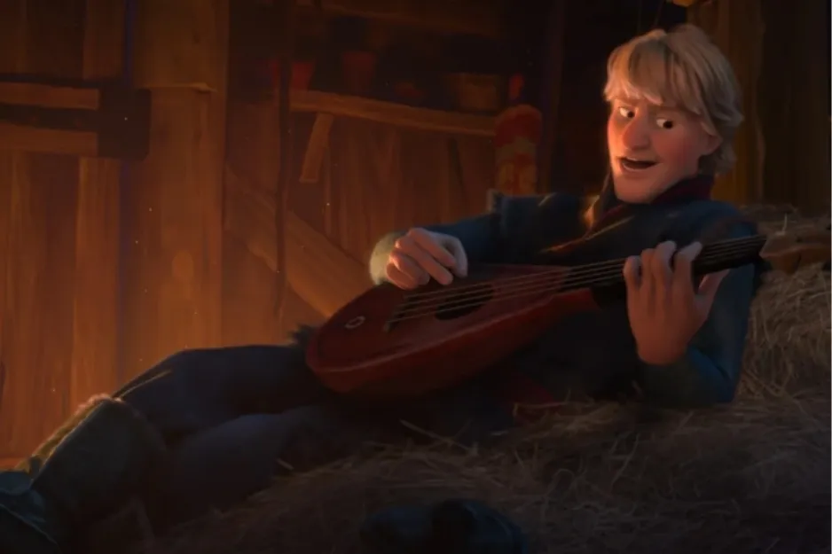 Kristoff from Frozen playing a stringed instrument while reclining on hay in a warm wooden barn setting.