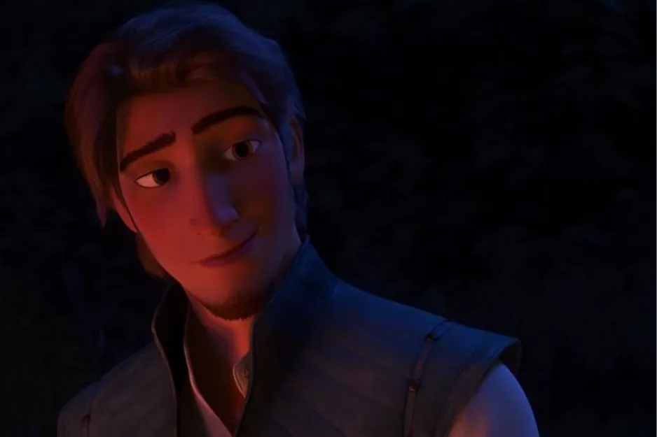 Flynn Rider from Frozen, shown with light brown hair and a confident expression in a dark background.