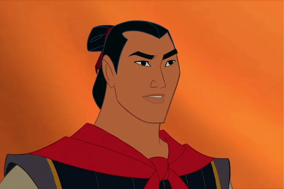 Li Shang character from animated movie wearing traditional warrior outfit with hair tied back against orange background
