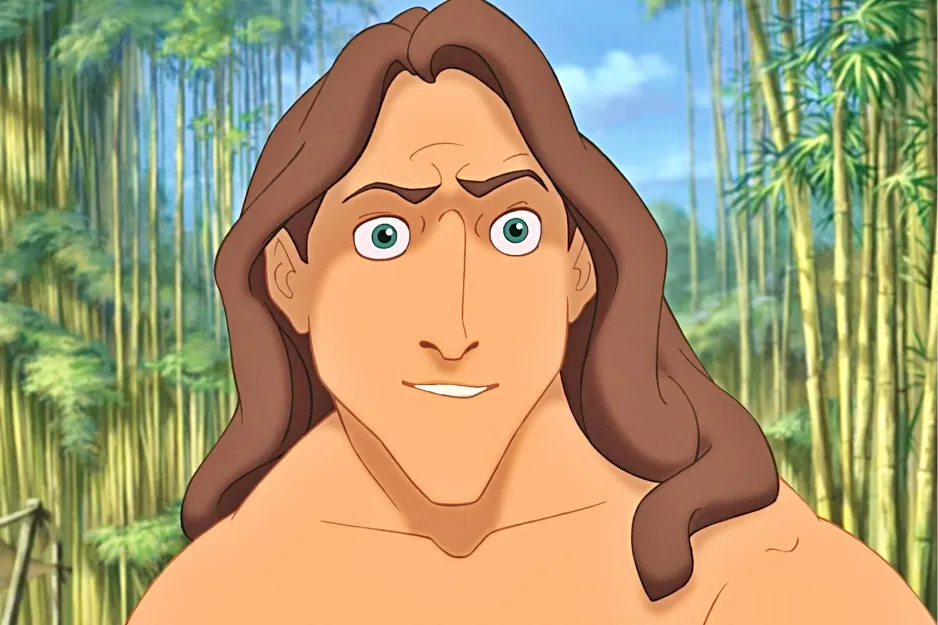 Animated character Tarzan with long brown hair in a jungle setting, looking directly ahead with a slight smile.