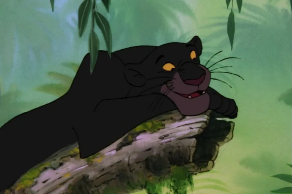 Bagheera the black panther resting on a tree branch in a lush green jungle scene.
