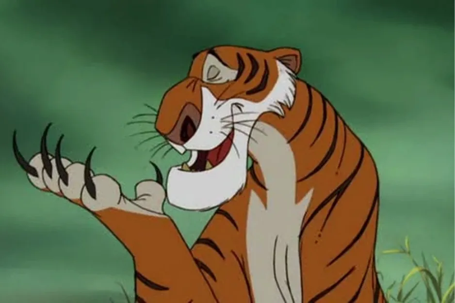 Shere Khan animated character showing sharp claws with a sly expression in a jungle background.