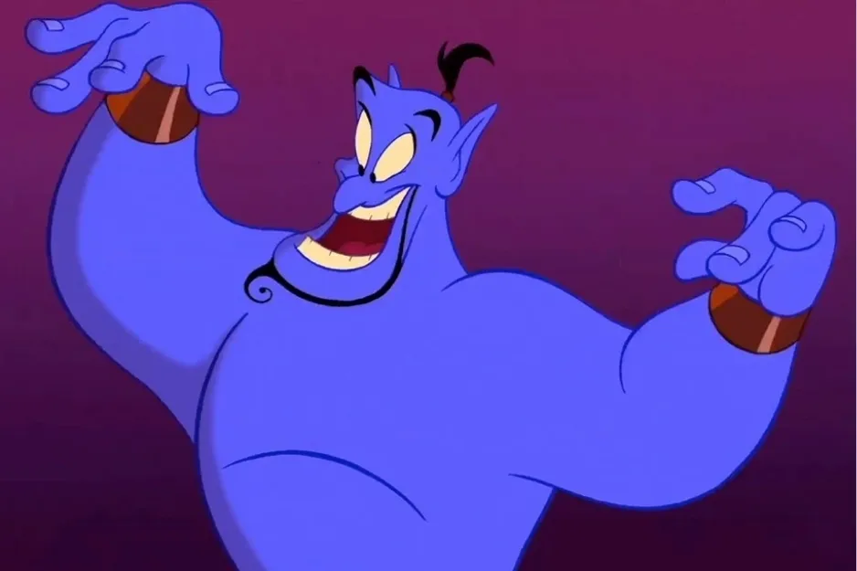Genie character with blue skin and gold bracelets, smiling and gesturing with animated hands against a purple background.