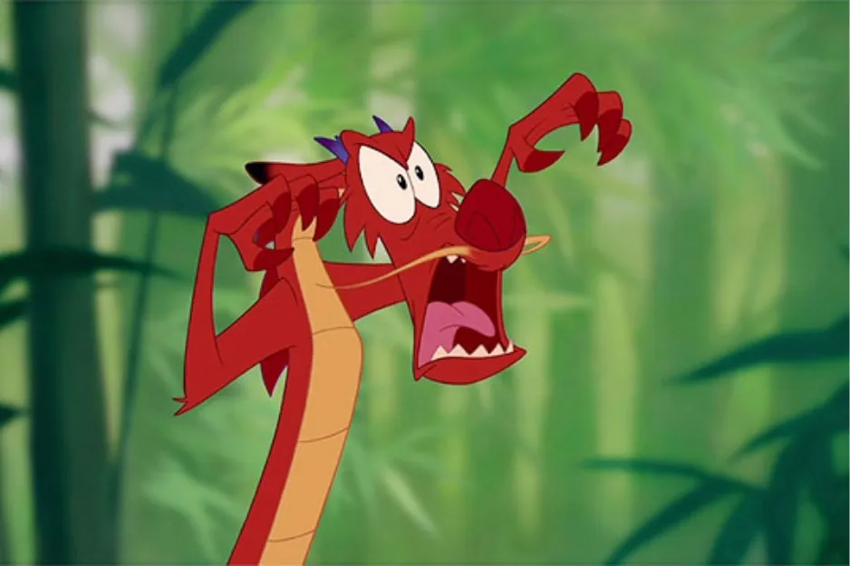 Mushu, a magical character and loyal friend, shown with an expressive face in a lush green forest background.