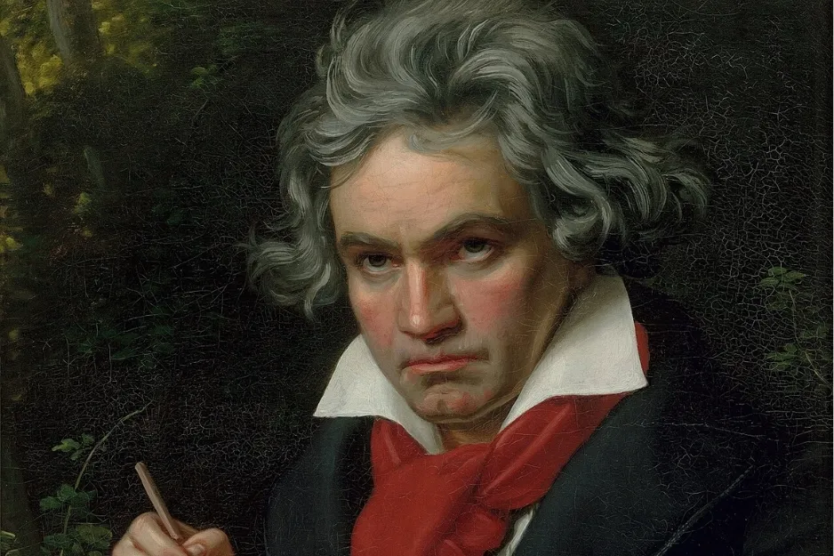 Portrait of Ludwig van Beethoven with gray hair and red scarf, the artist who went nearly blind during his lifetime.
