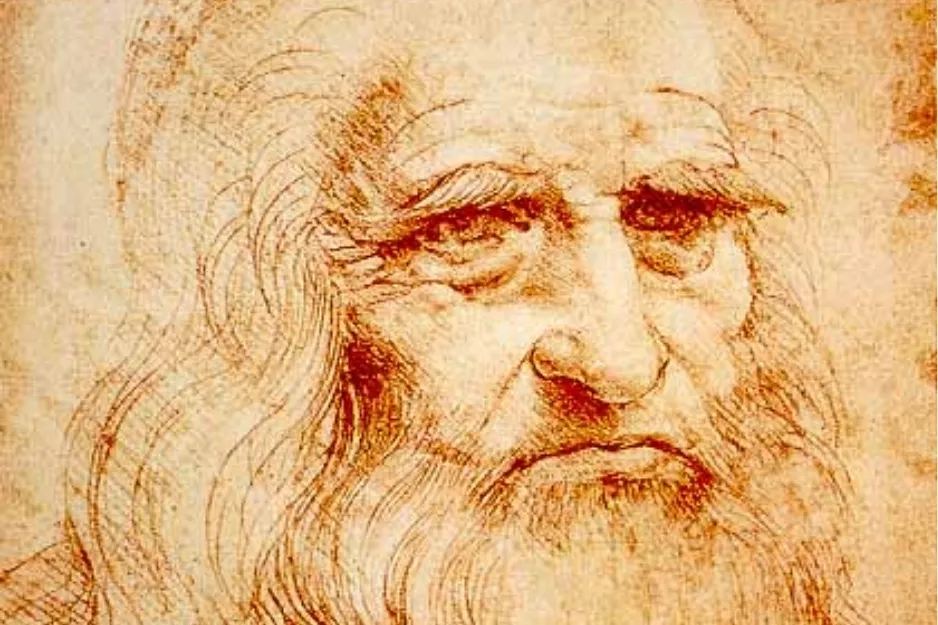 Close-up sketch of Leonardo da Vinci’s face highlighting detailed beard and intense eyes, linked to artist who went nearly blind.