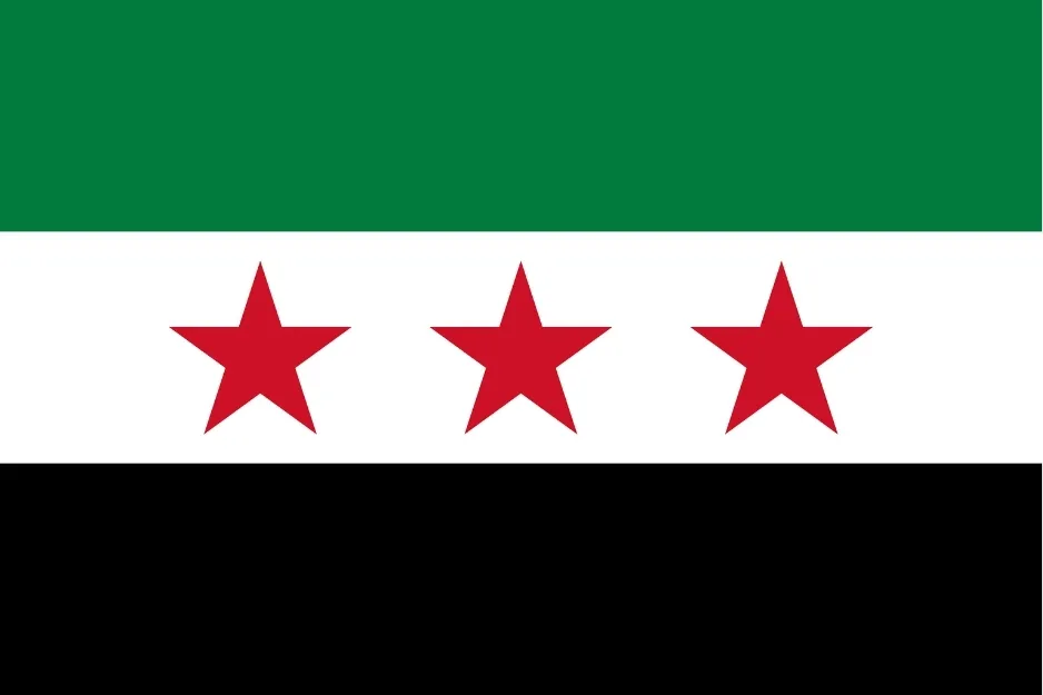 Flag of Syria with green, white, and black stripes and three red stars in the center representing Syria country.