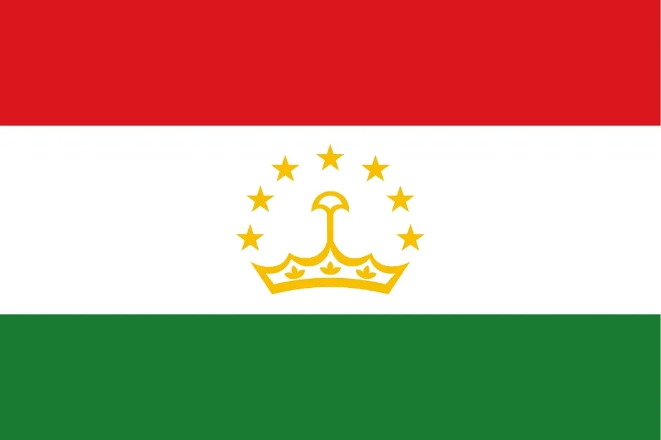 Flag of Tajikistan with red, white, and green horizontal stripes and a gold crown with stars in the center.