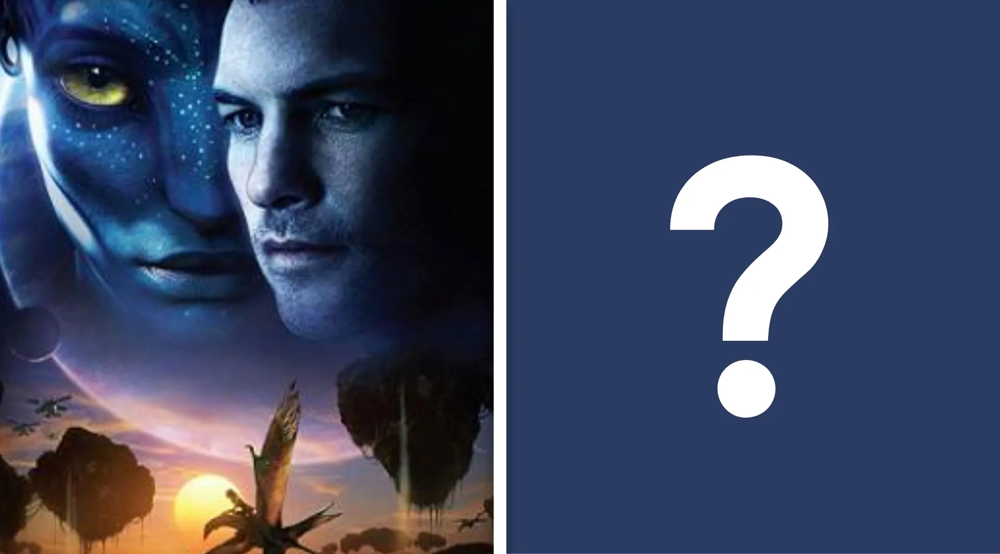 Avatar movie poster featuring blue Na'vi character and a man’s face, with a question mark graphic for general knowledge quiz.