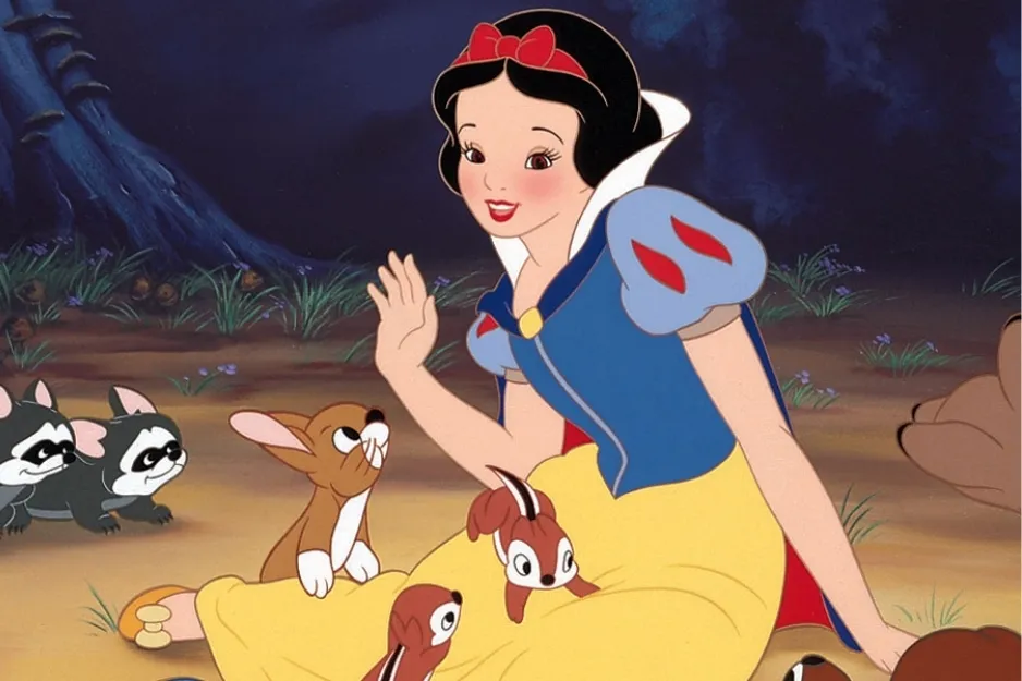 Snow White sitting outdoors surrounded by forest animals in a classic Disney animation scene.