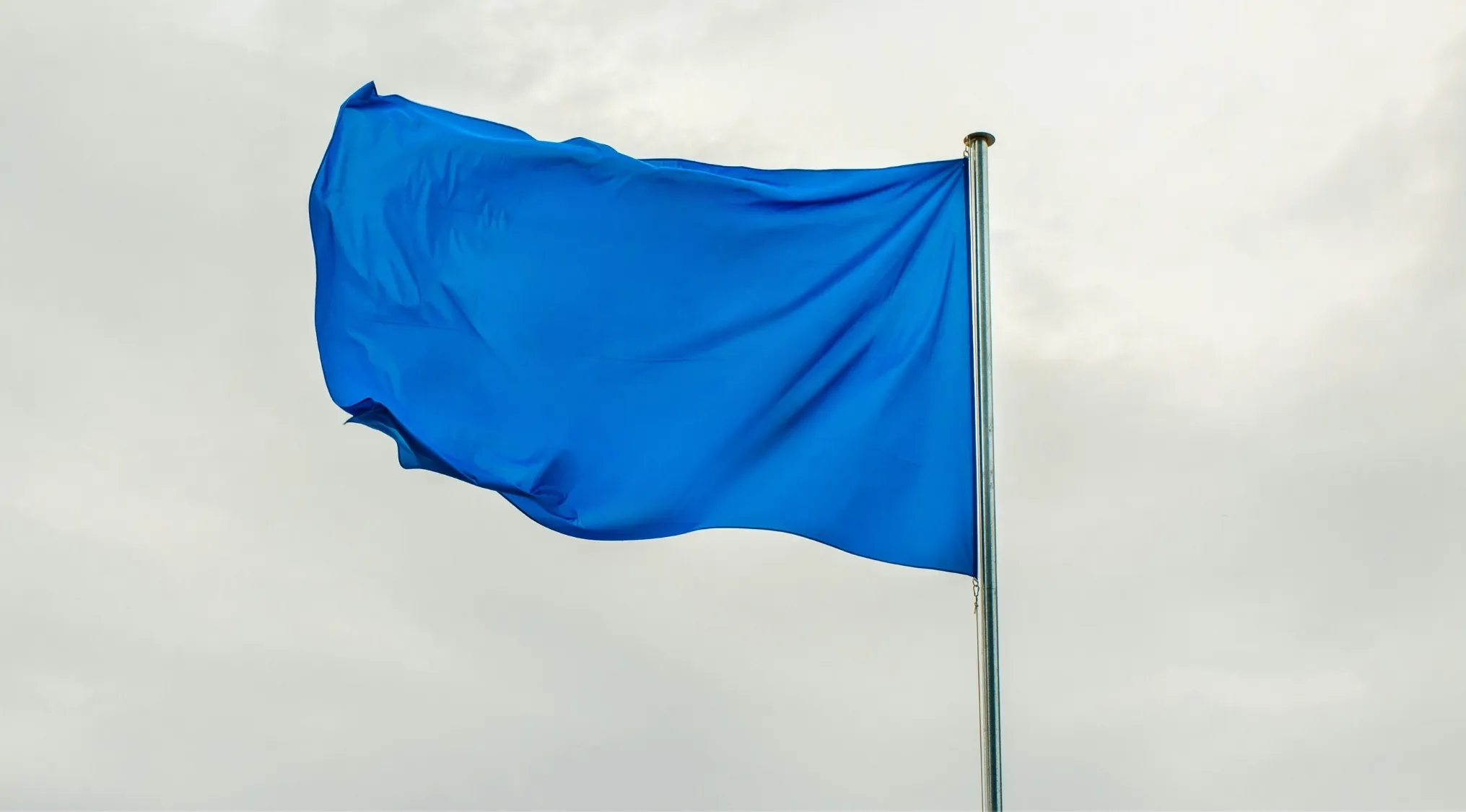 Blue flag waving on a pole against a cloudy sky, related to how many stars are in the EU flag quiz question.