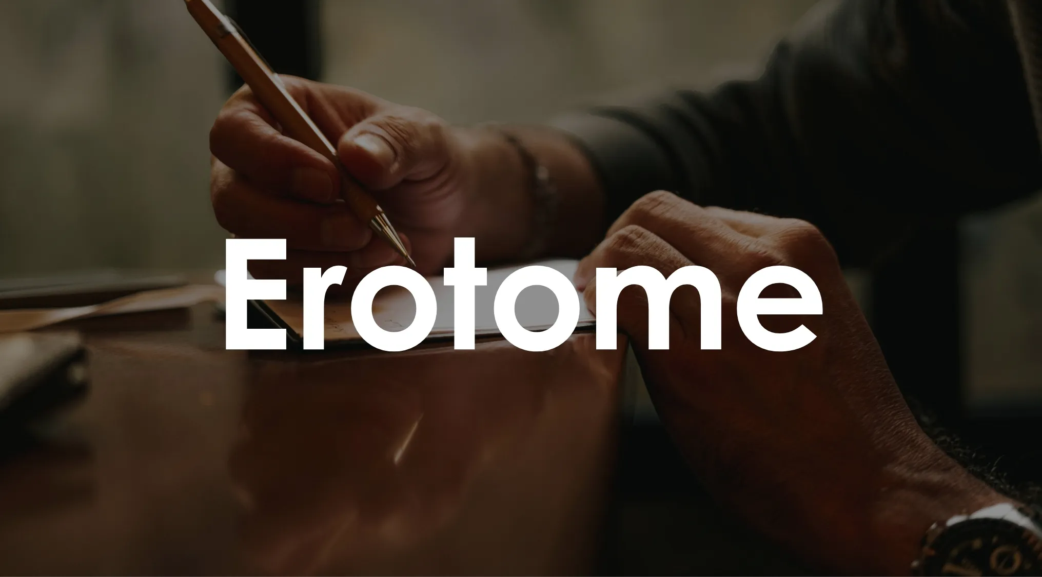 Person holding a pen writing on paper with the word Eroteme referring to a punctuation mark in a difficult quiz.