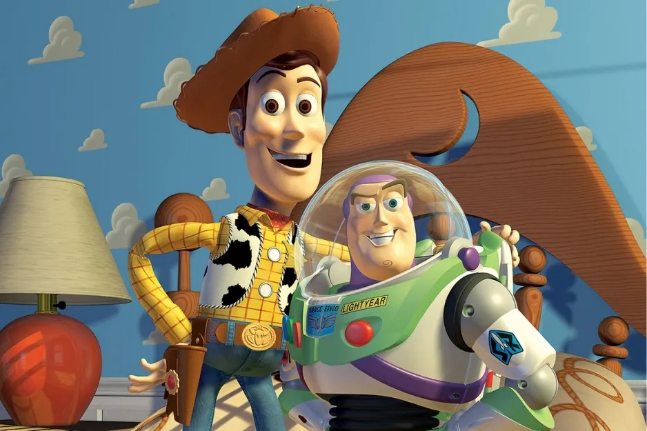Woody and Buzz Lightyear characters from Toy Story standing together in a child's bedroom setting.