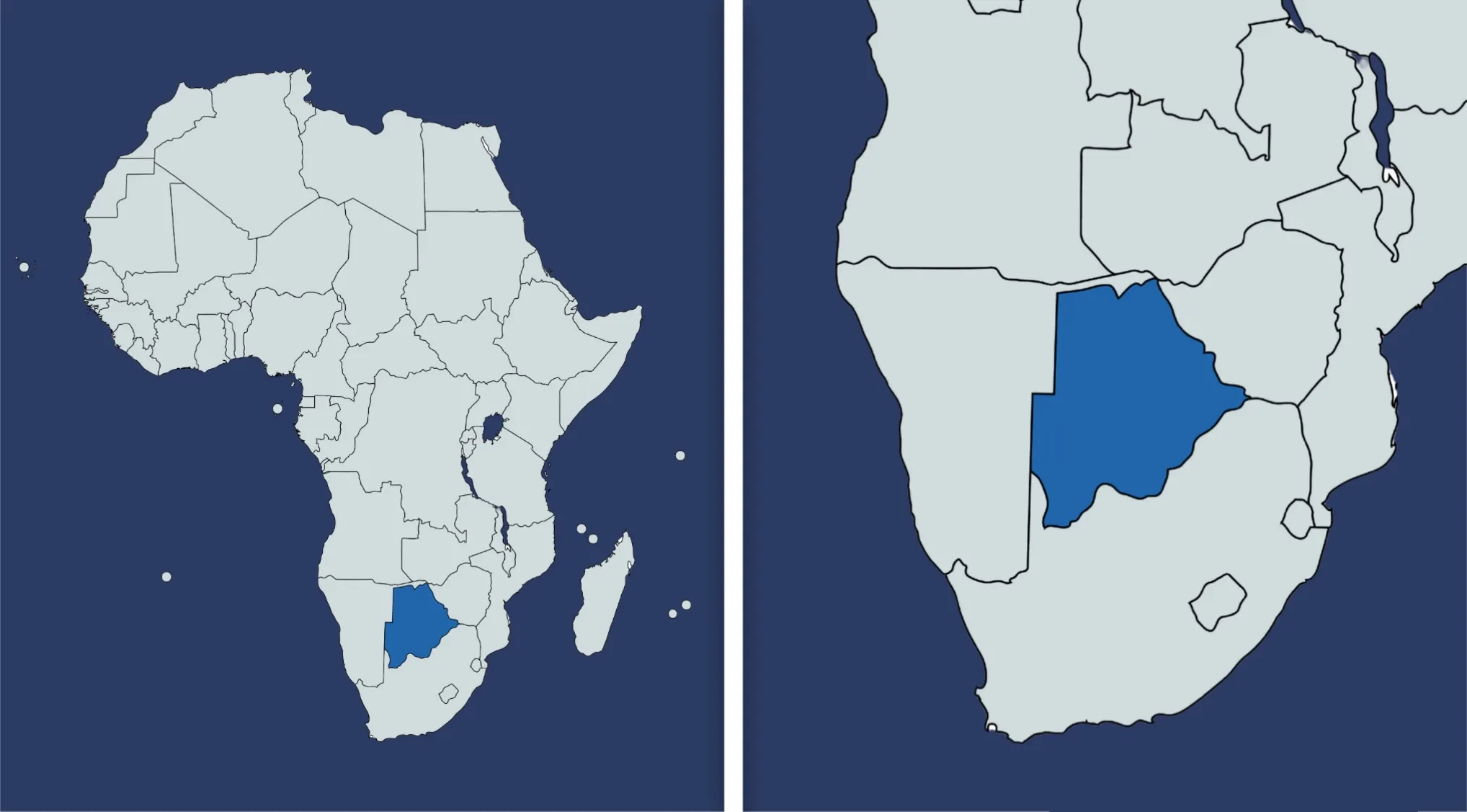 Map of Africa highlighting Botswana in blue, focusing on the four countries that border Botswana regionally.