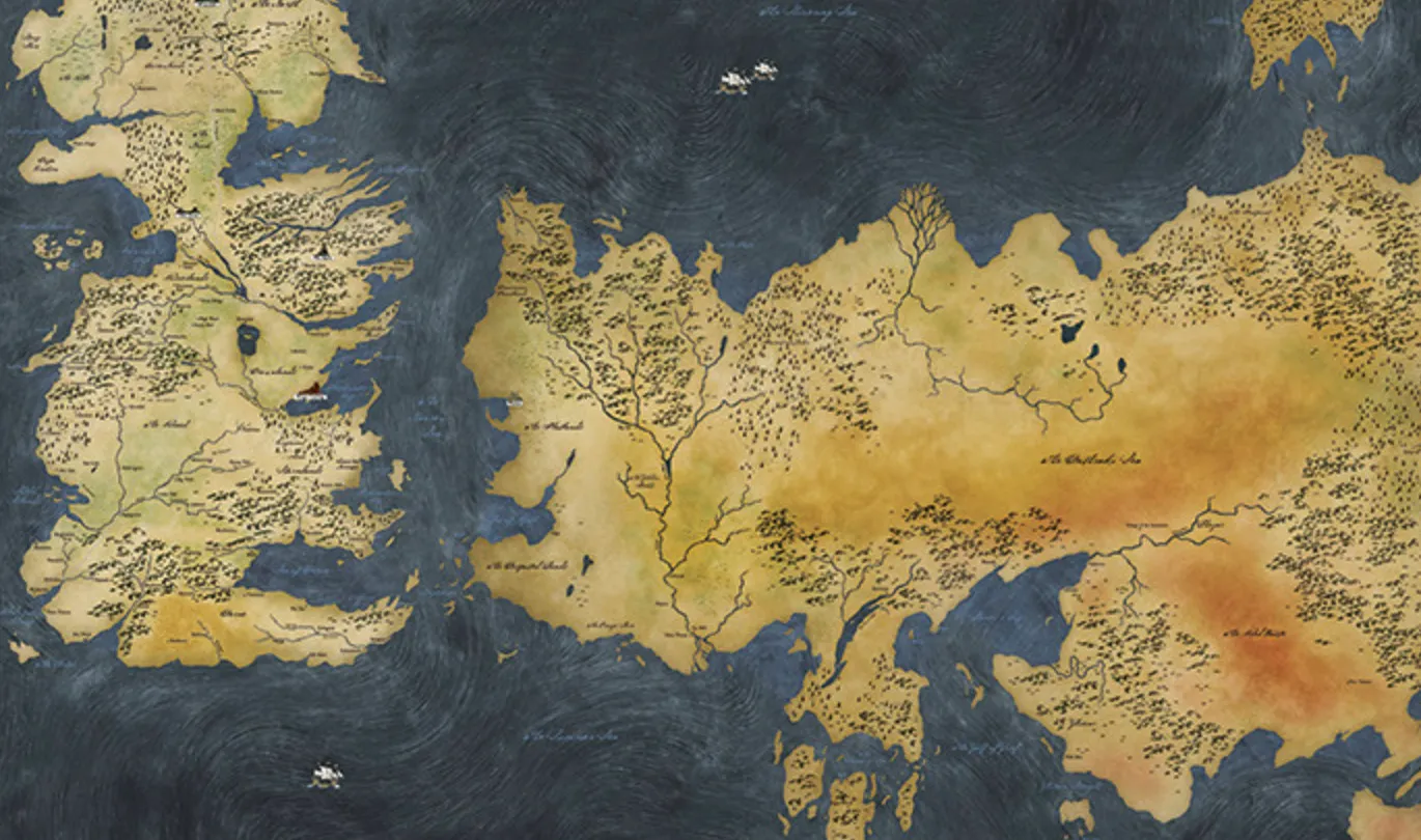 Map of the Seven Kingdoms of Westeros and Essos, well-known fictional locations in TV shows fantasy series.