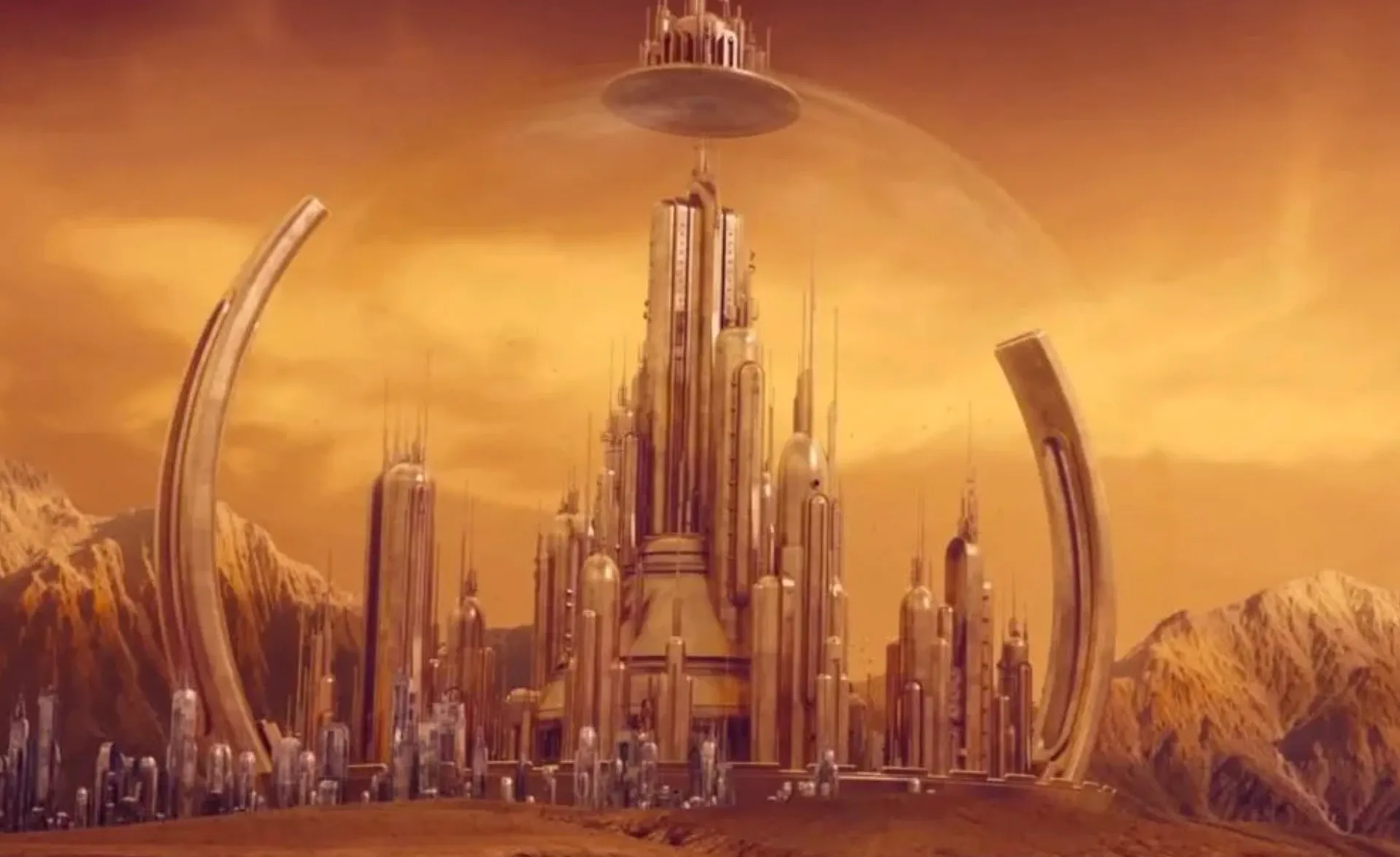 Futuristic cityscape of Gallifrey, a key fictional location in TV shows known for its sci-fi setting and golden architecture.