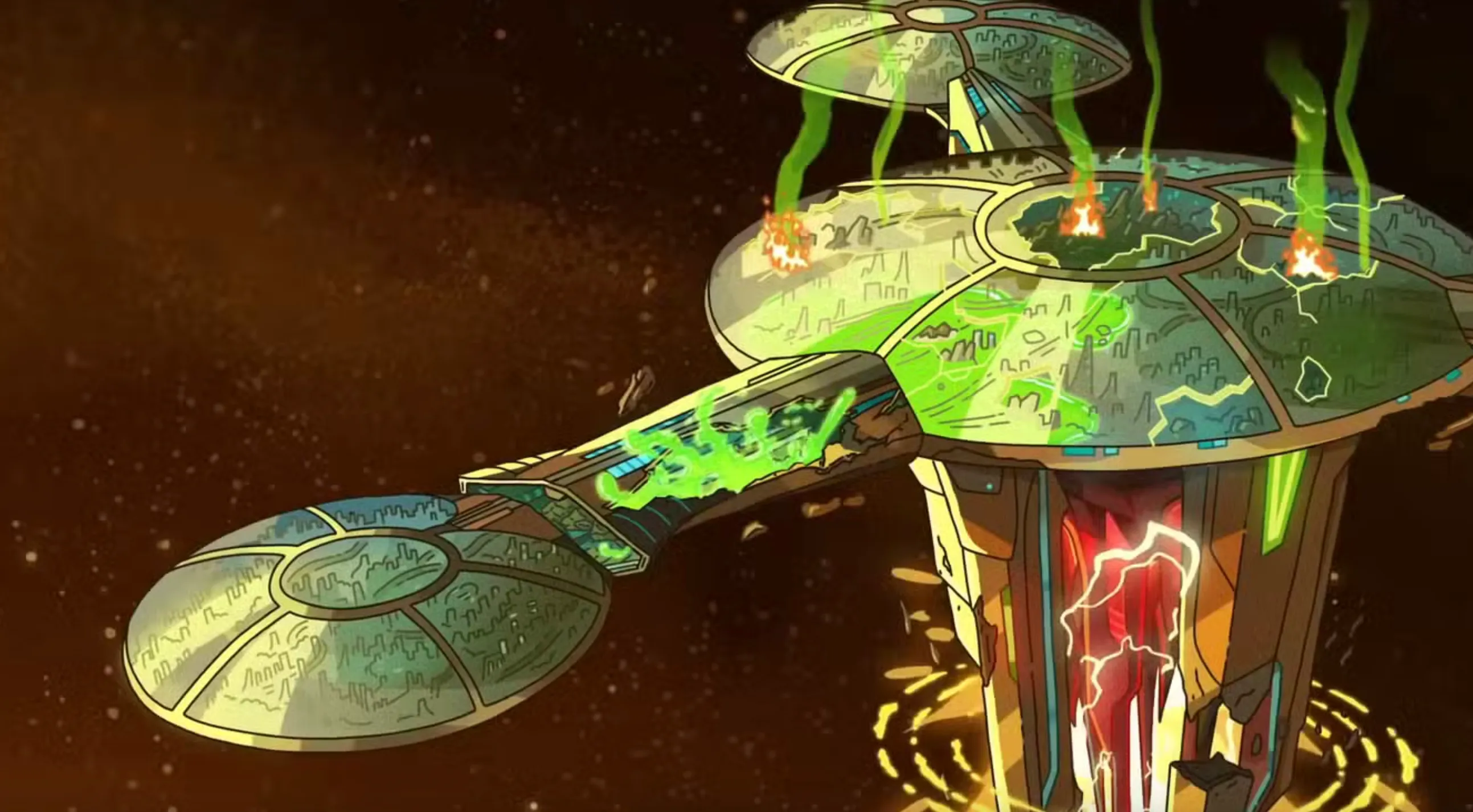 Fictional region from Rick and Morty depicted as a floating space station with glowing green and red energy.