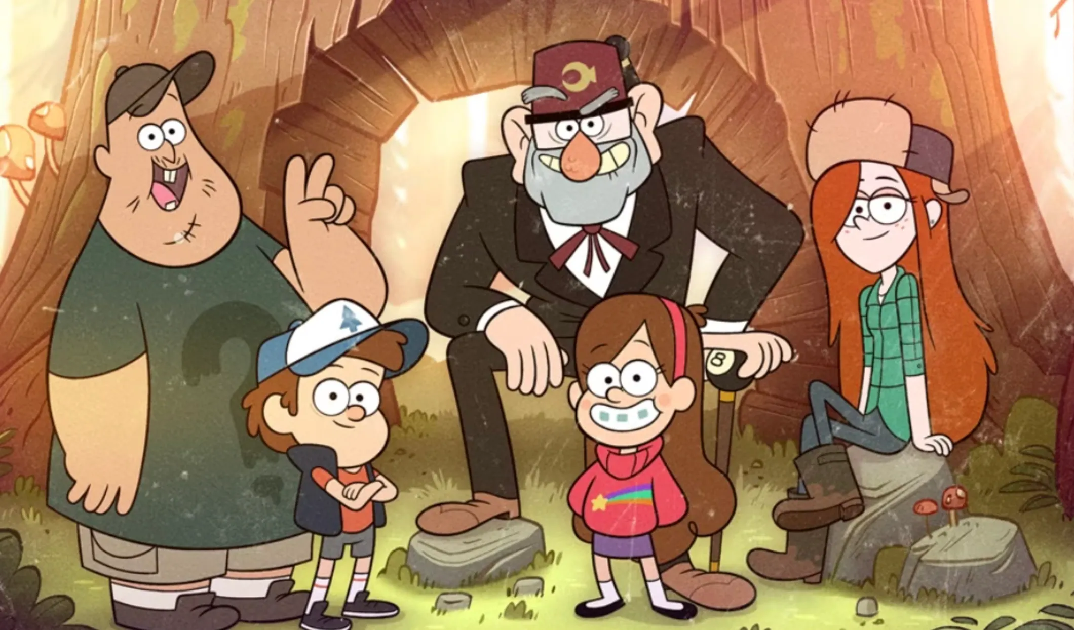 Characters from an animated series standing in a forest, representing a fictional location in TV shows and fictional realms.