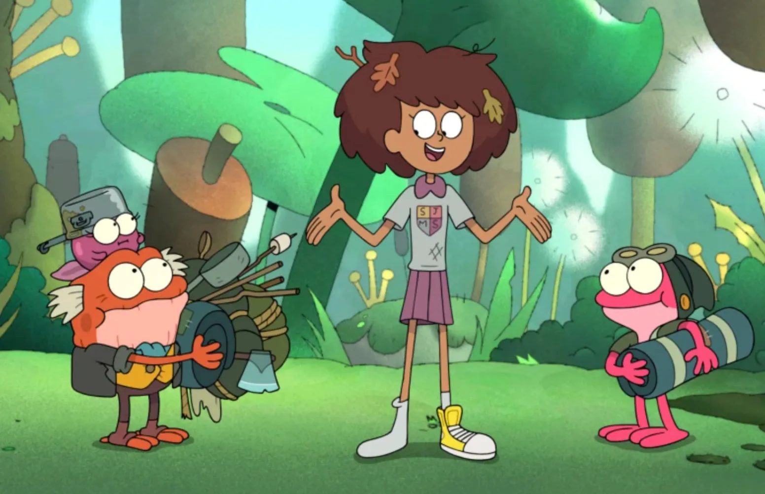 Characters from the animated TV series Amphibia standing in a colorful forest setting in the Land of Ooo.