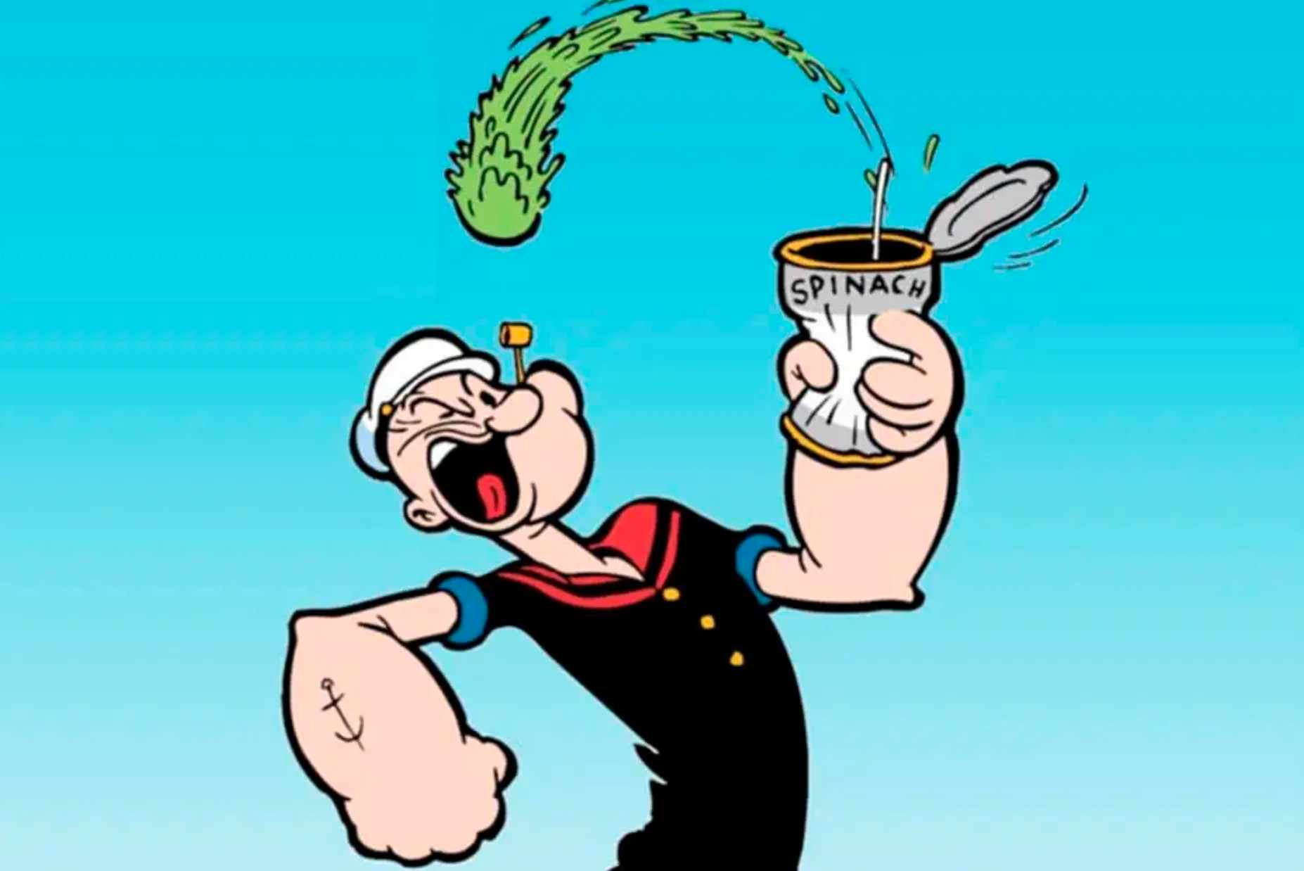 Popeye the Sailor holding a spinach can with spinach flying out in a classic animated cartoon style.