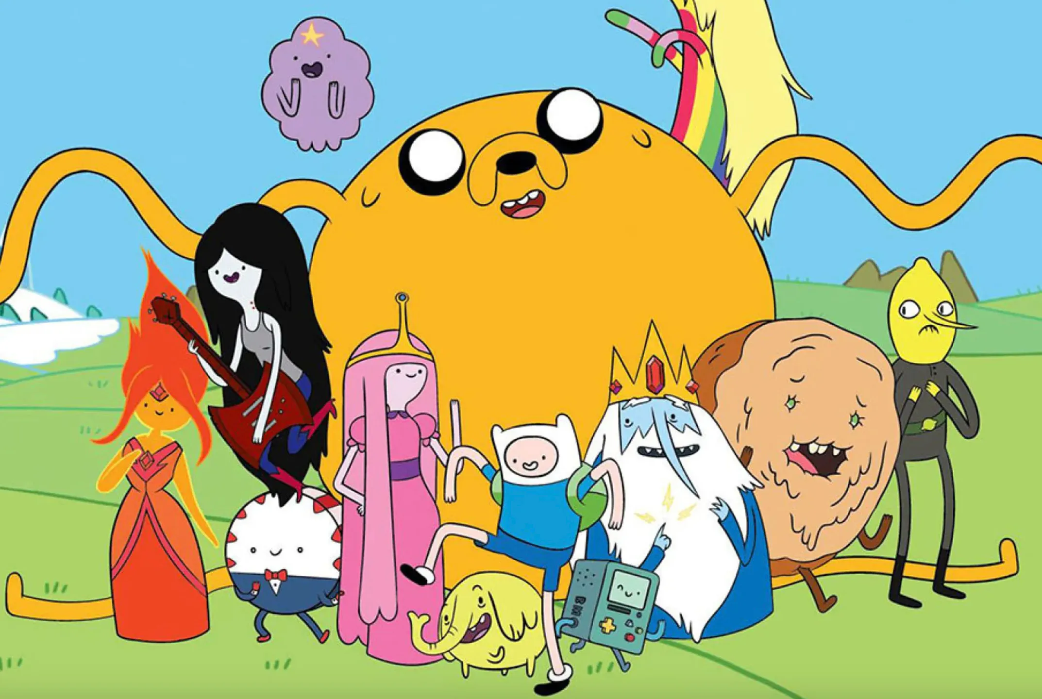 Characters from Adventure Time standing together in the Land of Ooo with bright colors and a blue sky background.