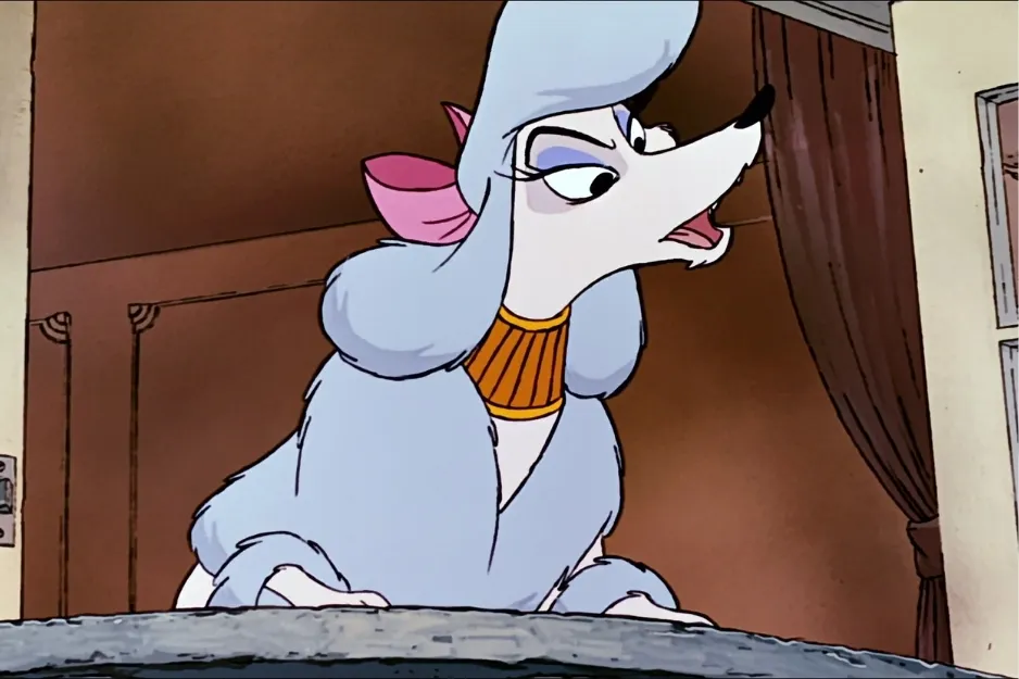 Georgette the animated poodle character with blue fur and pink bow inside a room showing an expressive face.