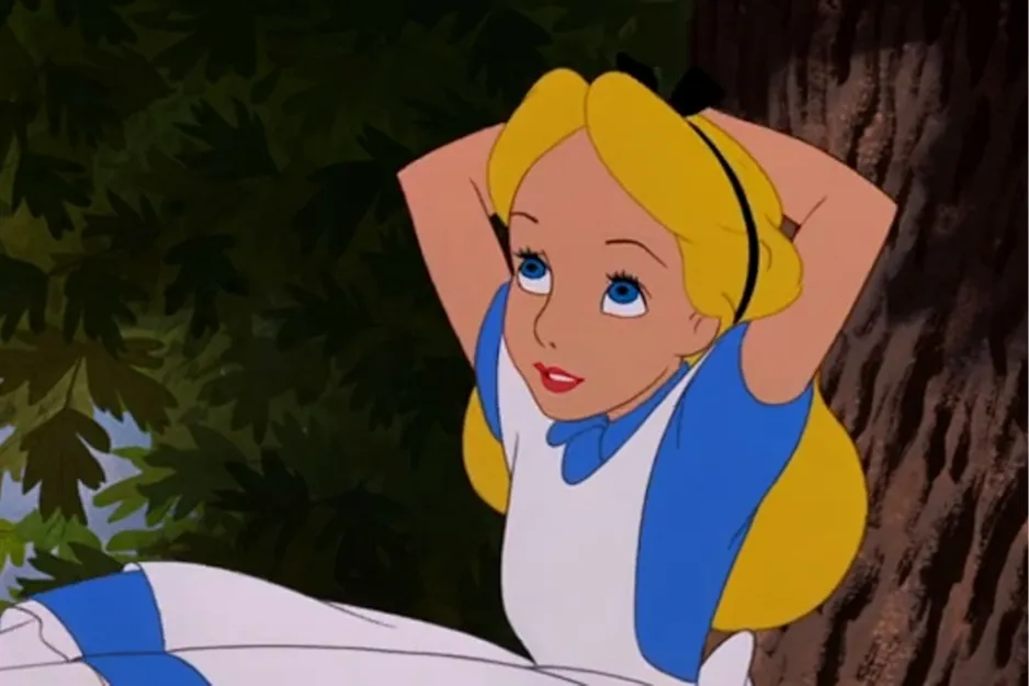 Animated girl Alice in a blue and white dress with blonde hair, resting under a tree in a curious, strange world.