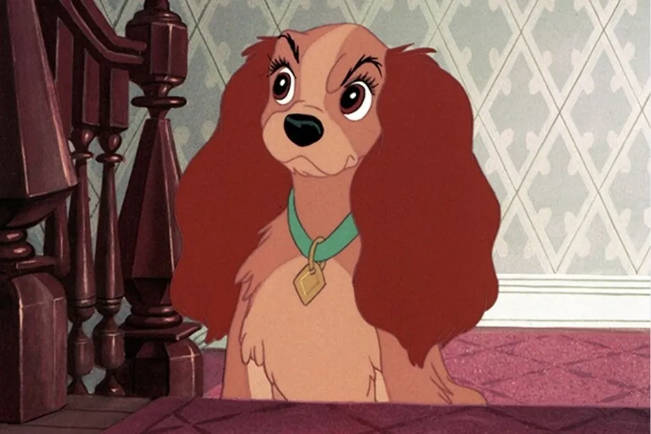 Animated character Lady, a brown dog with long ears, sitting indoors near a staircase, part of odd one out puzzle.
