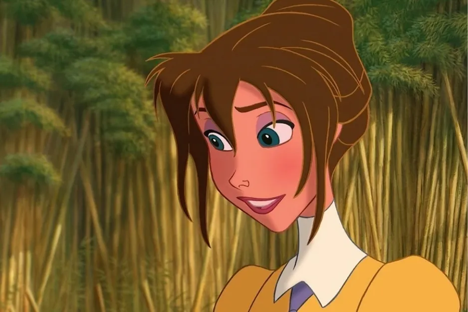 Animated character Jane Porter with brown hair smiling in a forest, inspired by a world with talking animals and strange rules.