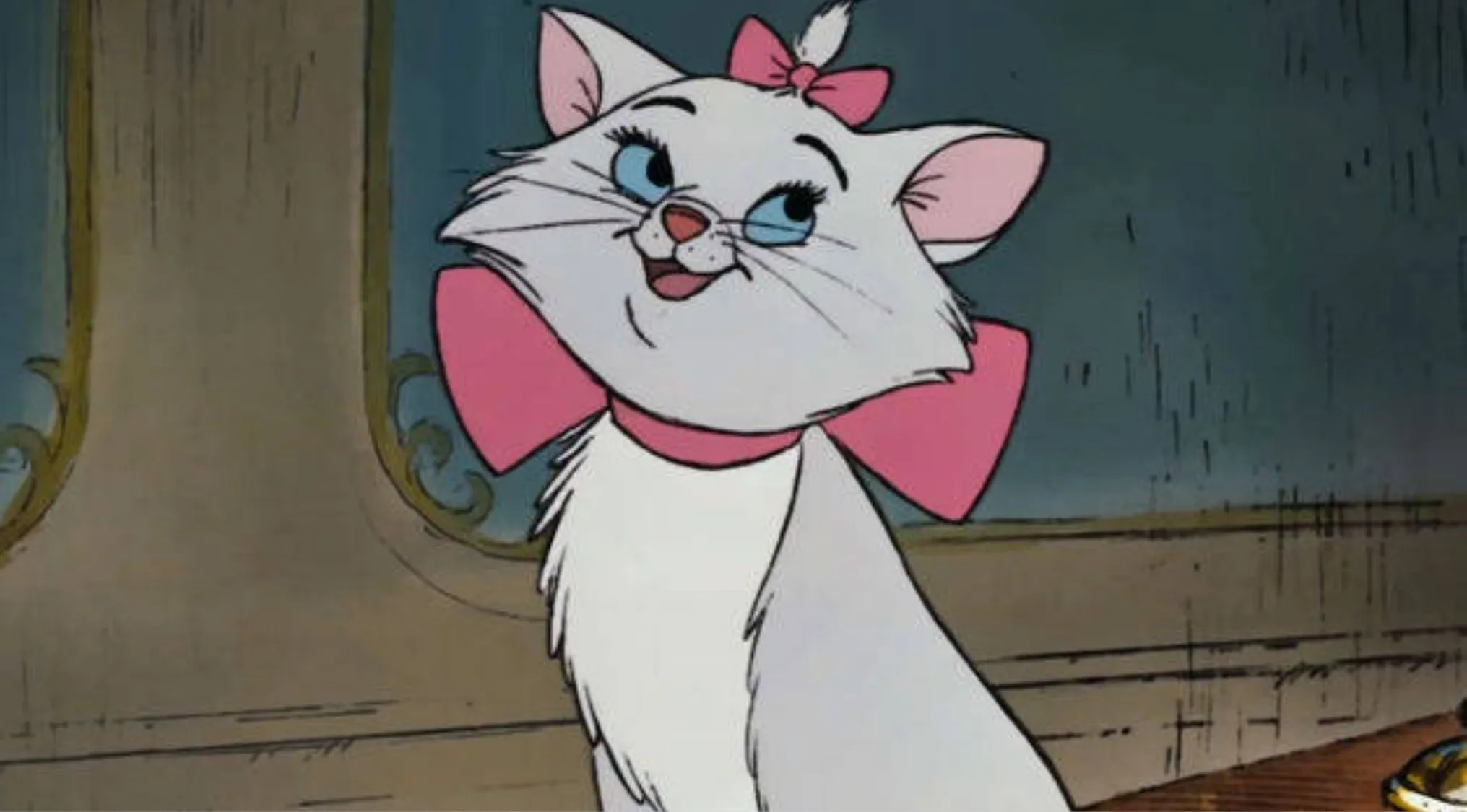 White Disney character cat with pink bow and blue eyes, from a classic animated movie scene indoors.
