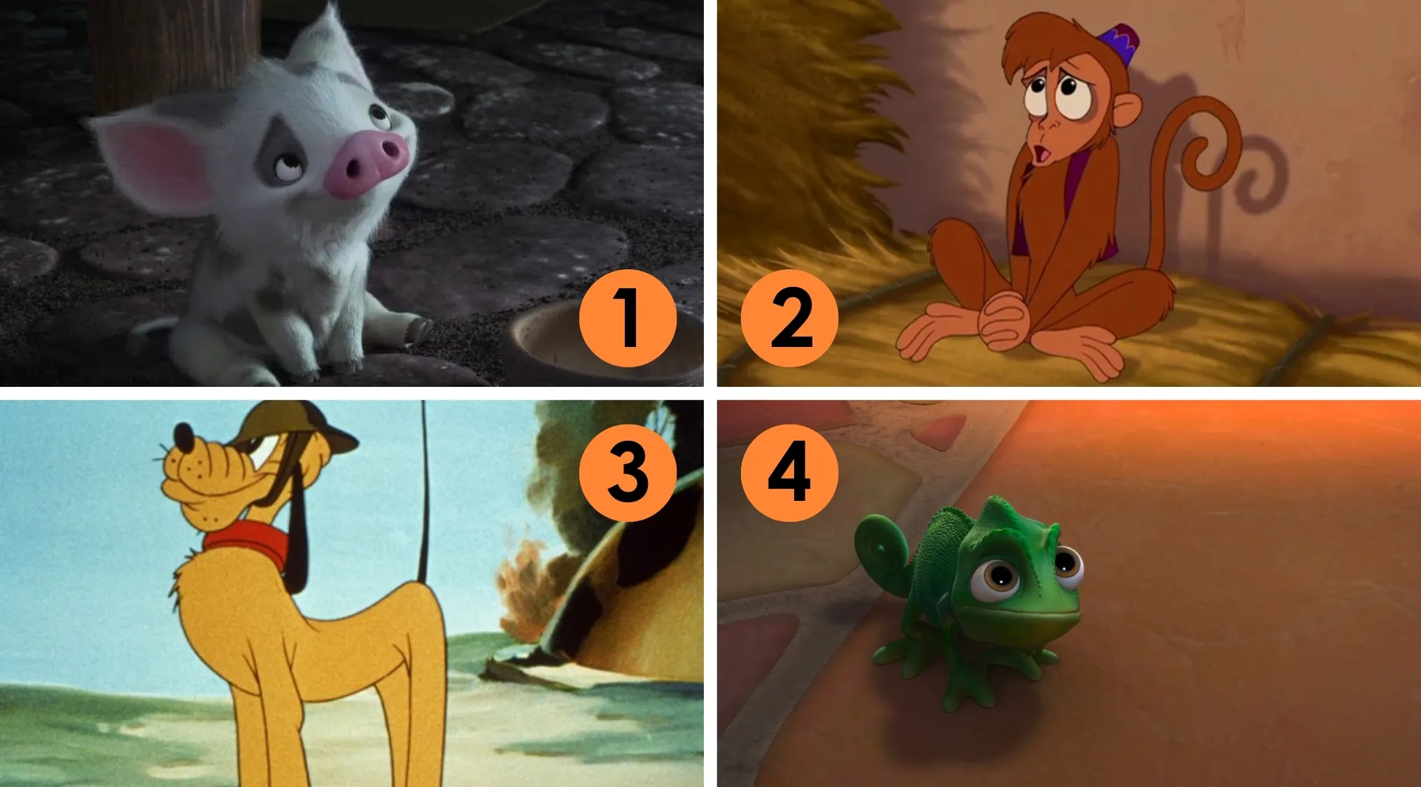 Four numbered Disney character pets including a pig, monkey, dog, and chameleon for a Disney characters matching quiz.